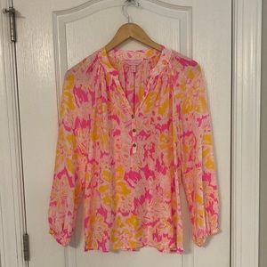 Lilly Pulitzer size Small pink, yellow and white silk blouse. Gently used.